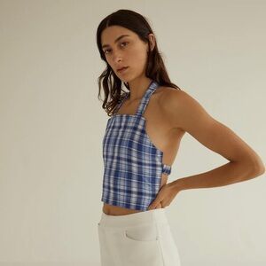 NWT PERMANENT VACATION Perception Halterneck in Blue Plaid Tartan Open Back